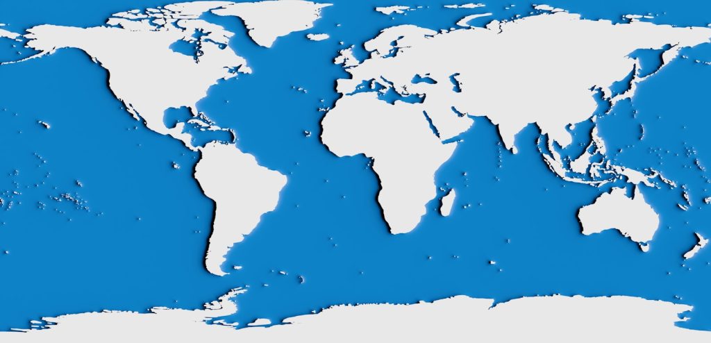 Blue and white map of the world, representing language switcher UX and SEO